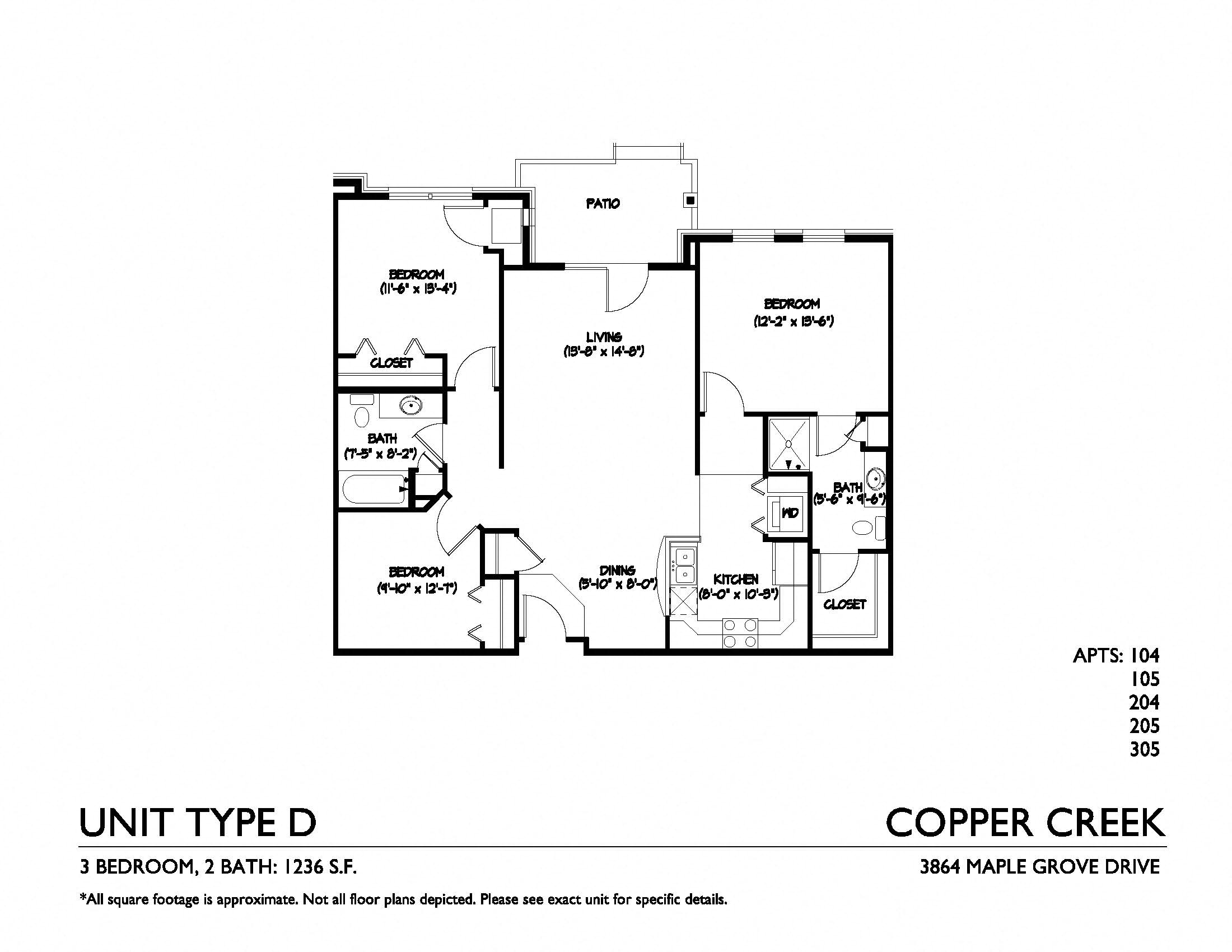 Floor plan for 2 beds, 2 baths, 1236 sqft